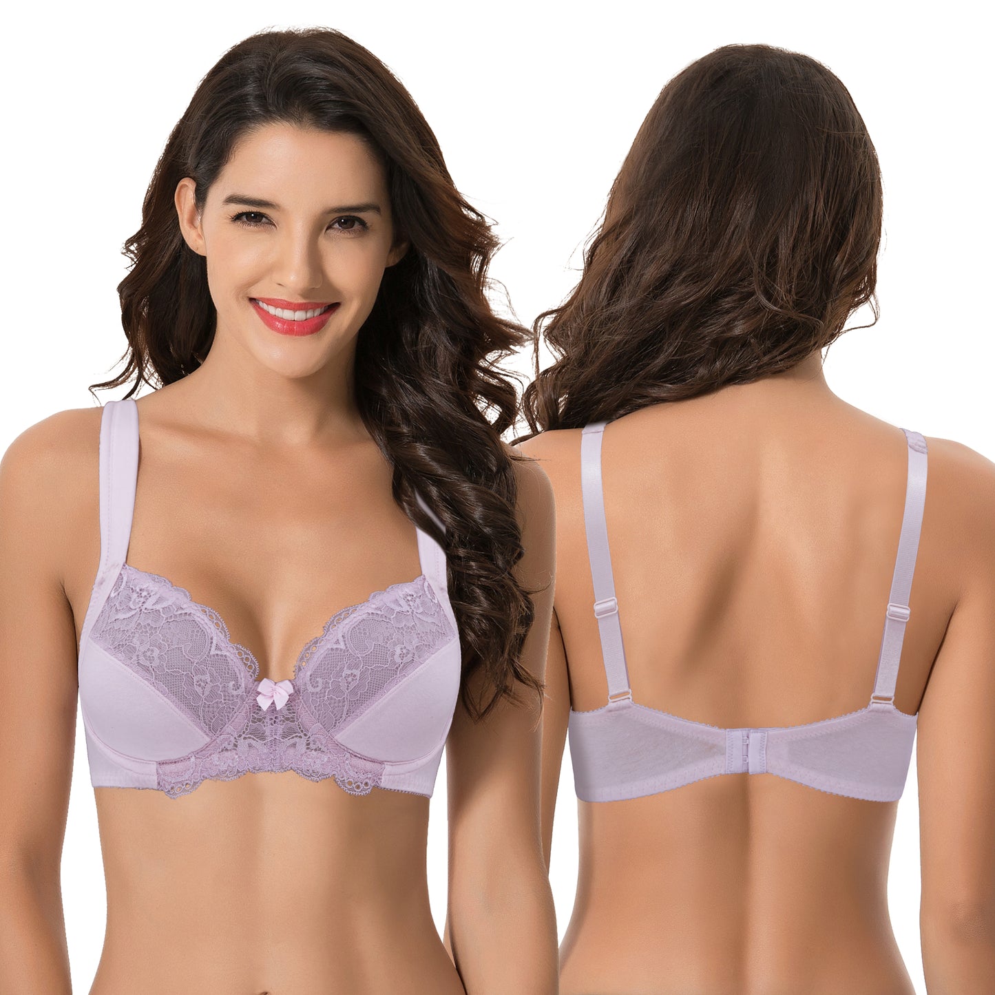 Women's Plus Size Unlined Underwire Lace Bra with Cushion Straps-2PK-White/Red/Lt Gray,Lt Pink