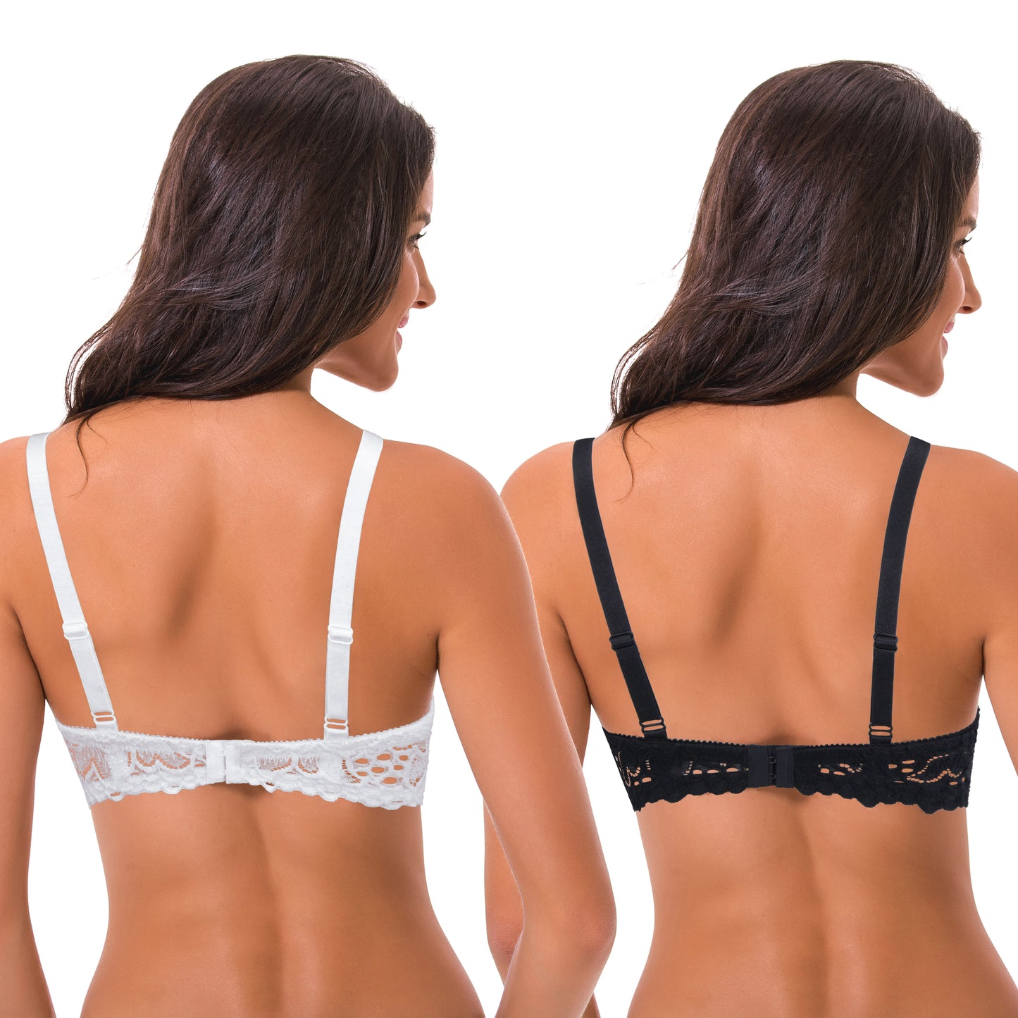 Semi-Sheer Balconette Underwire Lace Bra and Scalloped Hems (2 Pack)-Black,Cream