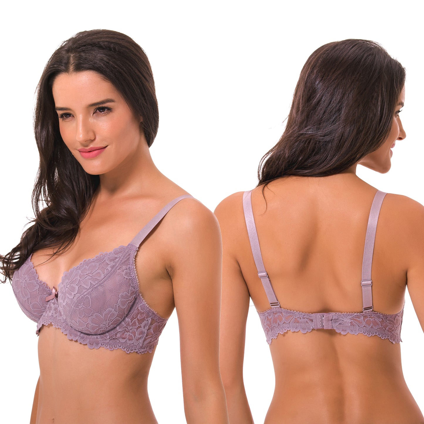 Semi-Sheer Balconette Underwire Lace Bra and Scalloped Hems (3 Pack)-Black,MAUVE,TEAL