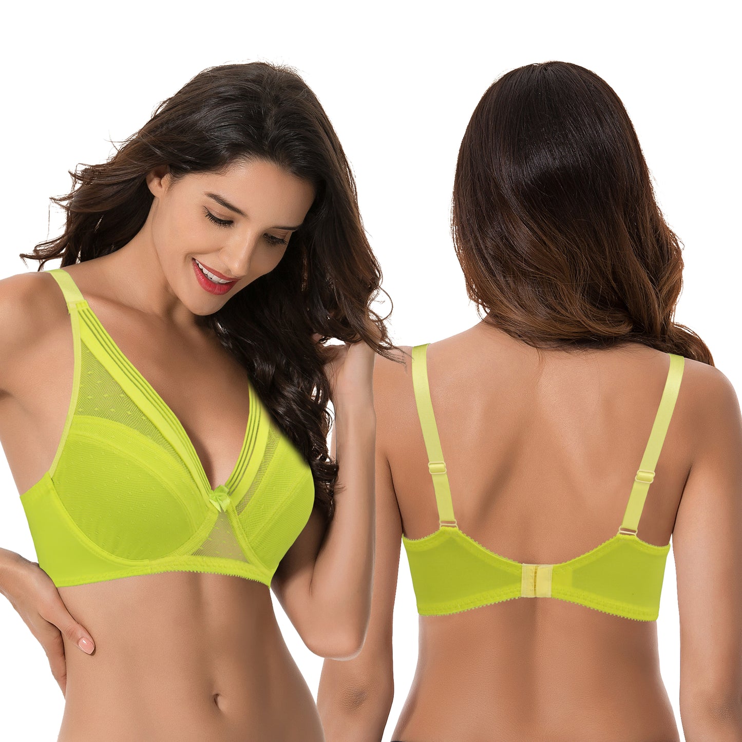 Women's Plus Size Unlined Minimizer Full Coverage Mesh Underwire Bra-2pack-Black,Neon Yellow