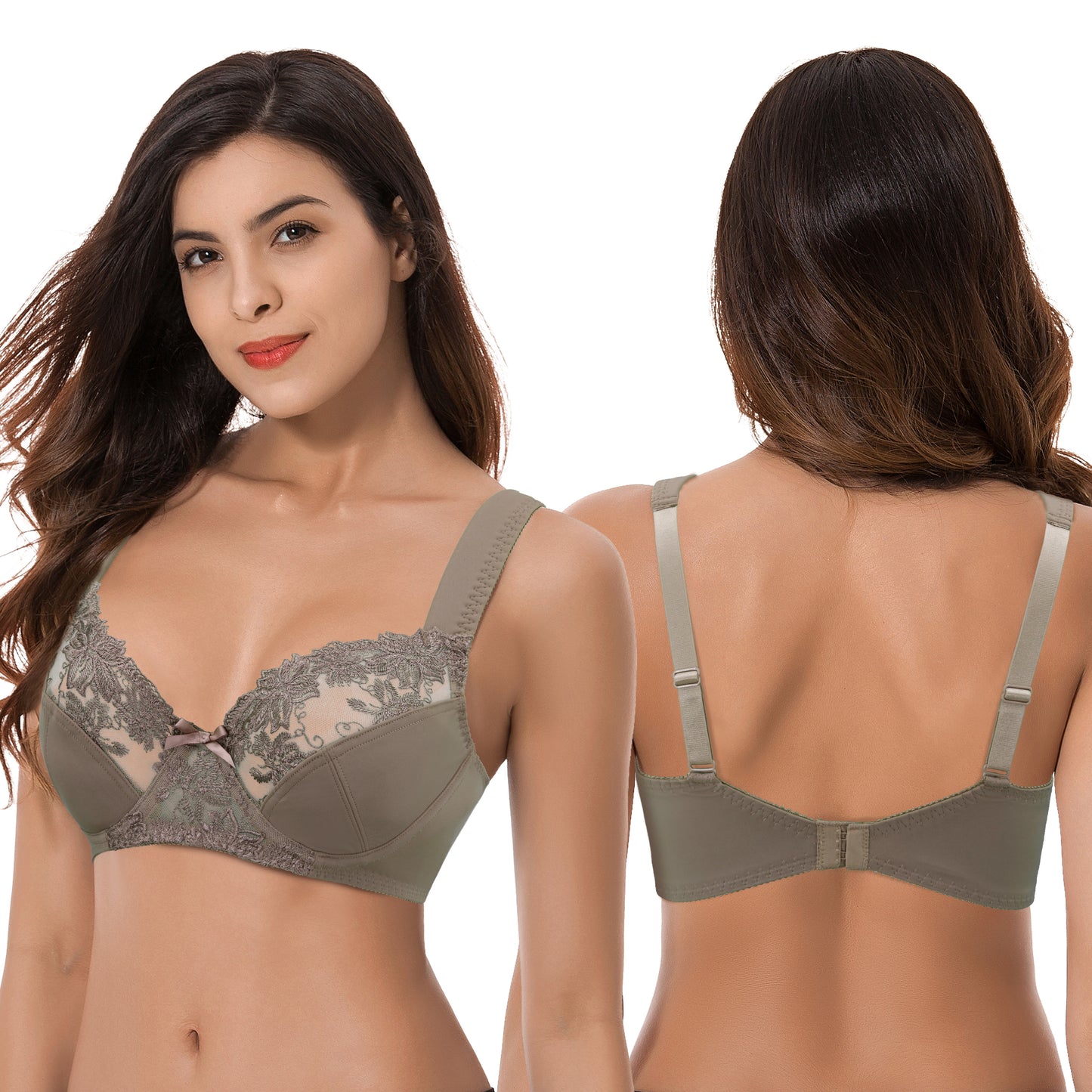 Womens Plus Size Minimizer Underwire Bra With Lace Embroidery-2 Pack-Grey,Cream
