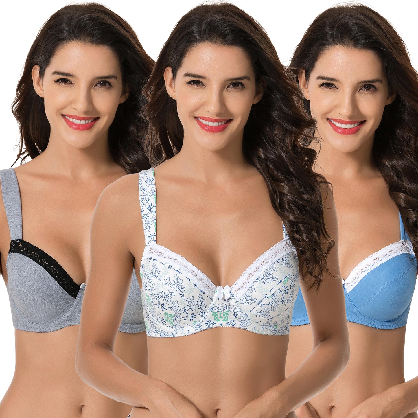 Women's Plus Size Underwired Unlined Balconette Cotton Bra-3Pack