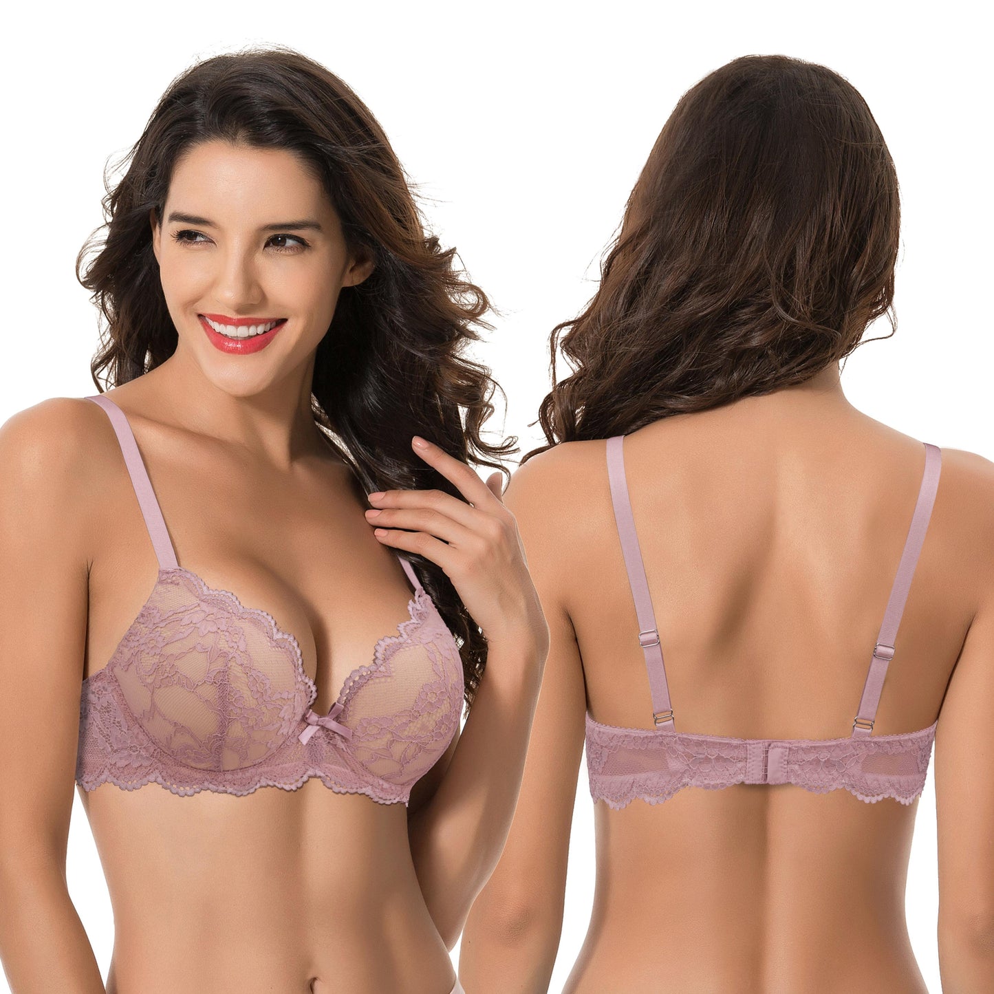 Women's Plus Size Push Up Add 1 Cup Underwire Perfect Shape Lace Bras-2Pk-Black,Mauve