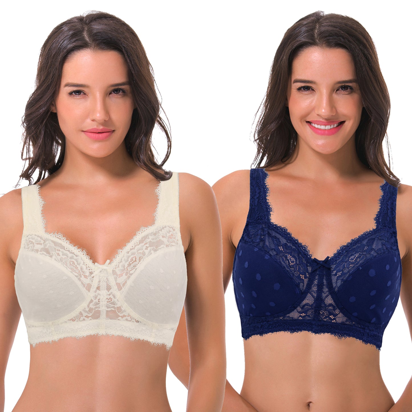 Women's Plus Size Minimizer Lace Full Coverage Unlined Wireless Bra-2Pack-Navy,White