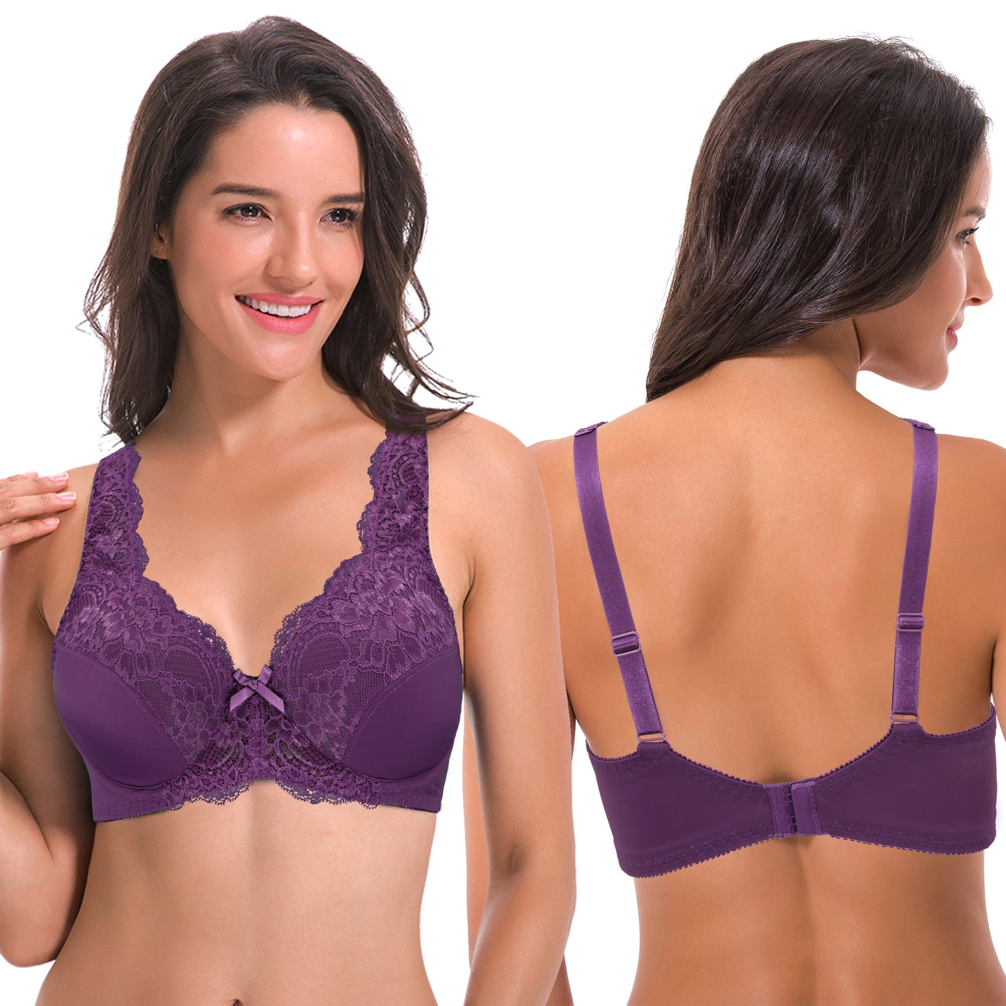 Women's Minimizer Unlined Underwire Bra With Lace Embroidery-2 Pack-Mag,White