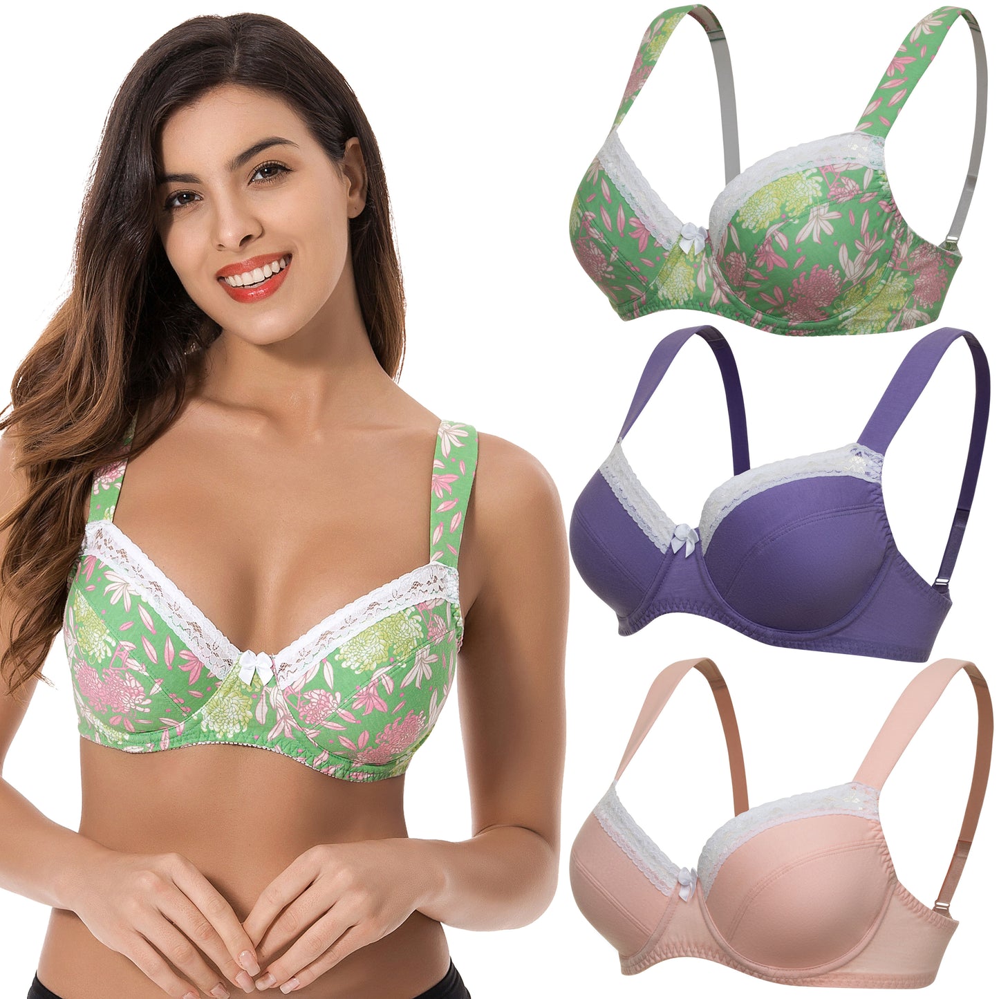 Women's Plus Size Underwired Unlined Balconette Cotton Bra-3Pack