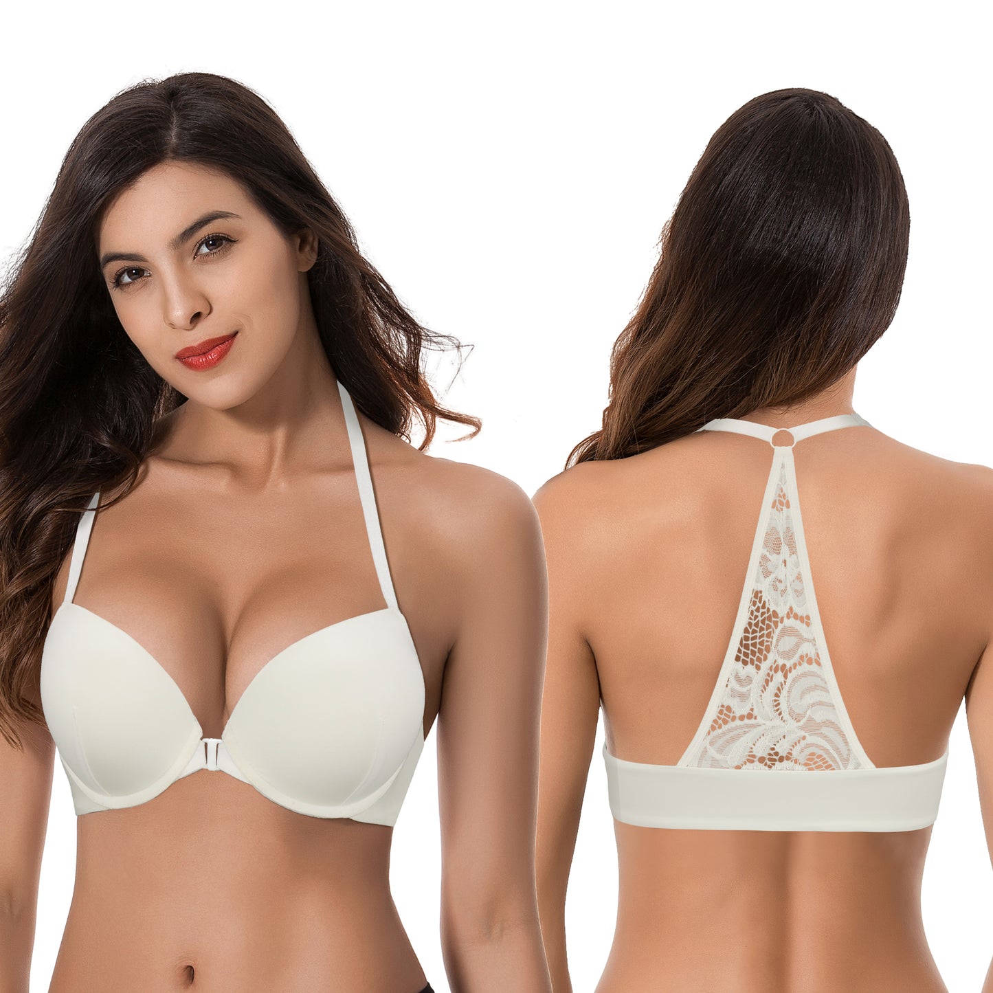 Women's Push Up Add 1 and a half Cup Underwire Halter Front Close Bras