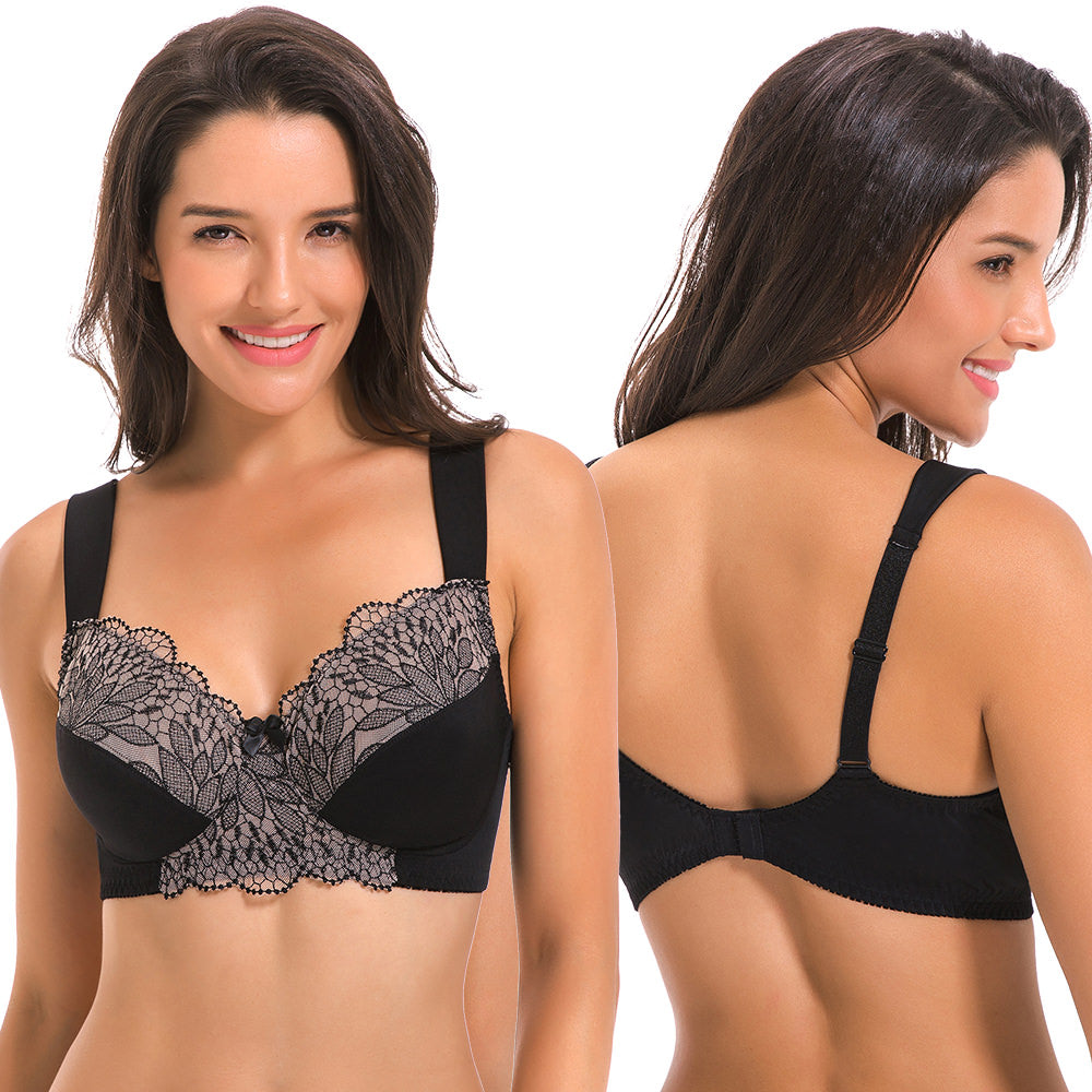 Plus Size Unlined Minimizer Wire Free Bra with Embroidery Lace-3Pack