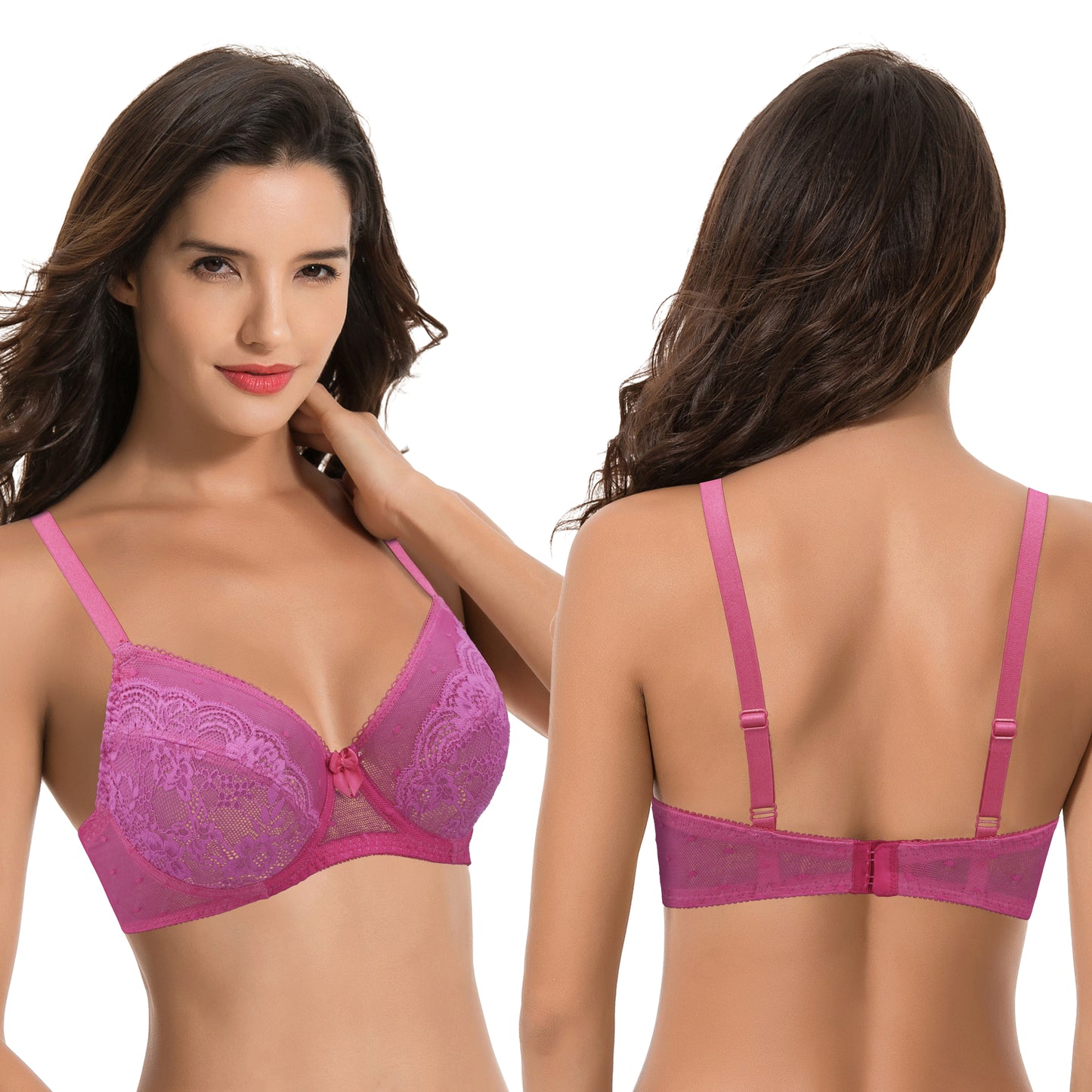 Women's Plus Size Unlined Balconette Underwire Sheer Lace Bra-2PK