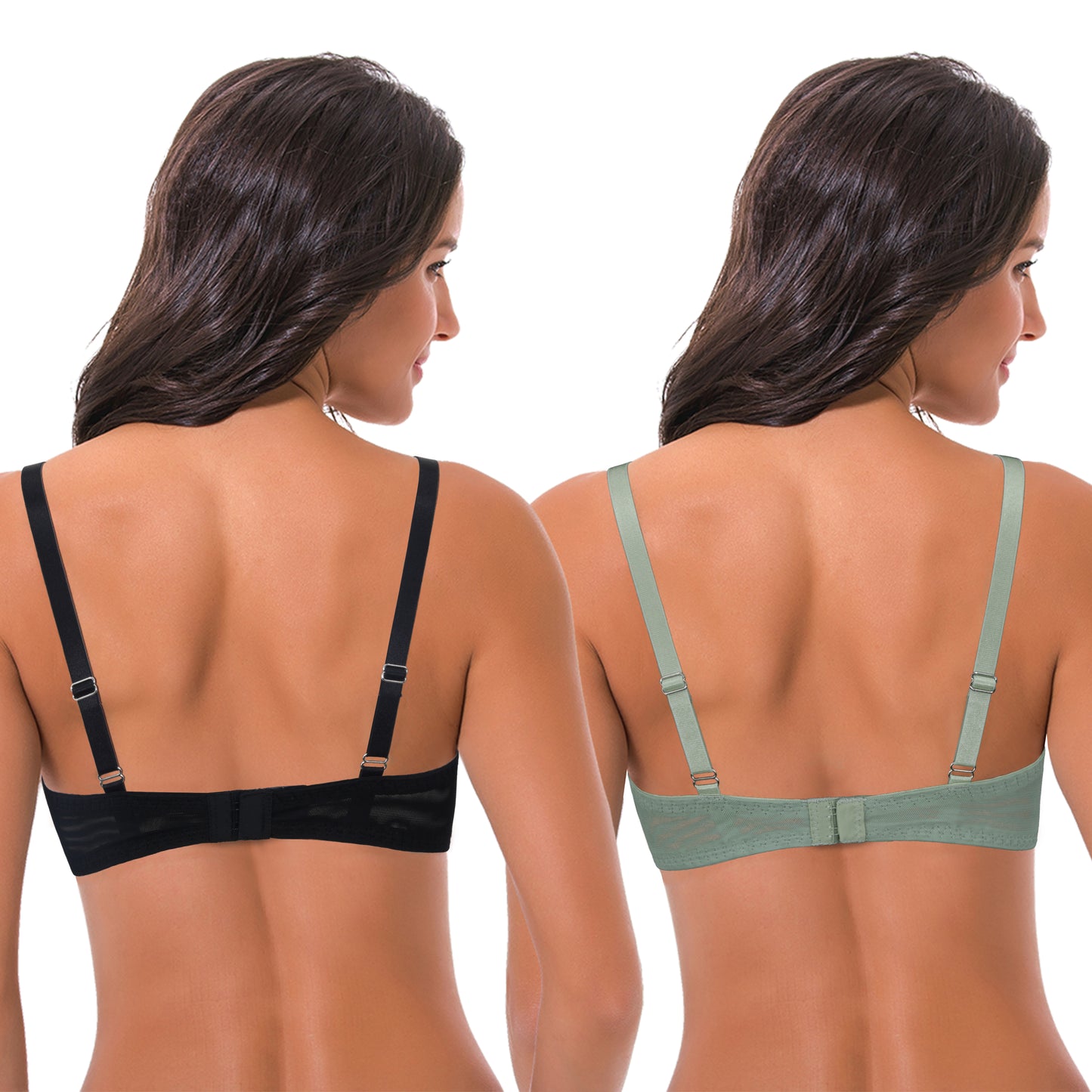Women Plus Size Underwire Add 1 and a Half Cup Push Up Lace Mesh Bra-2PK-Sage,Black