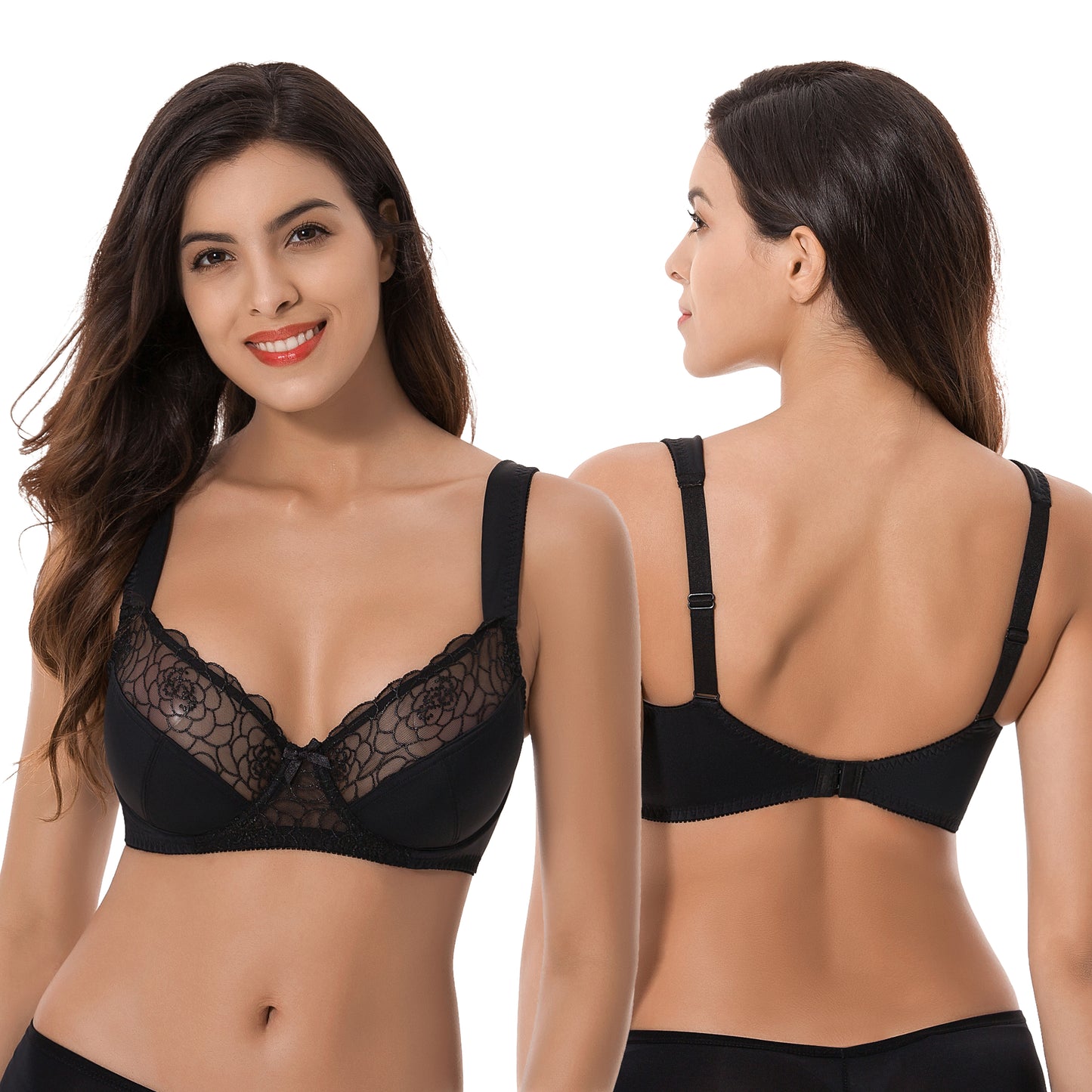Womens Plus Size Minimizer Underwire Bra With Lace Embroidery-2 Pack
