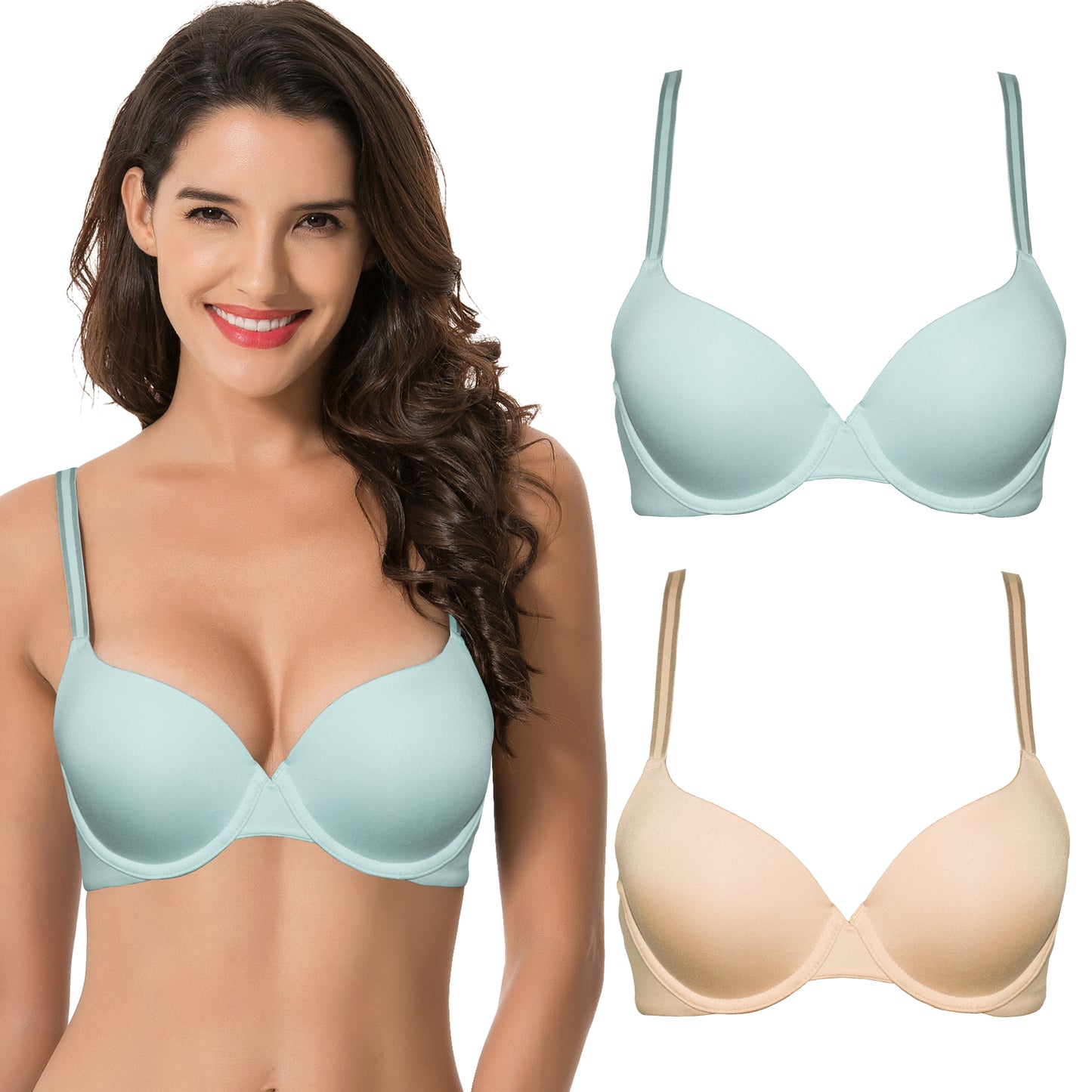 Women's Light Lift Add 1 Cup Push Up Underwire Convertible Tshirt Bra-2PK