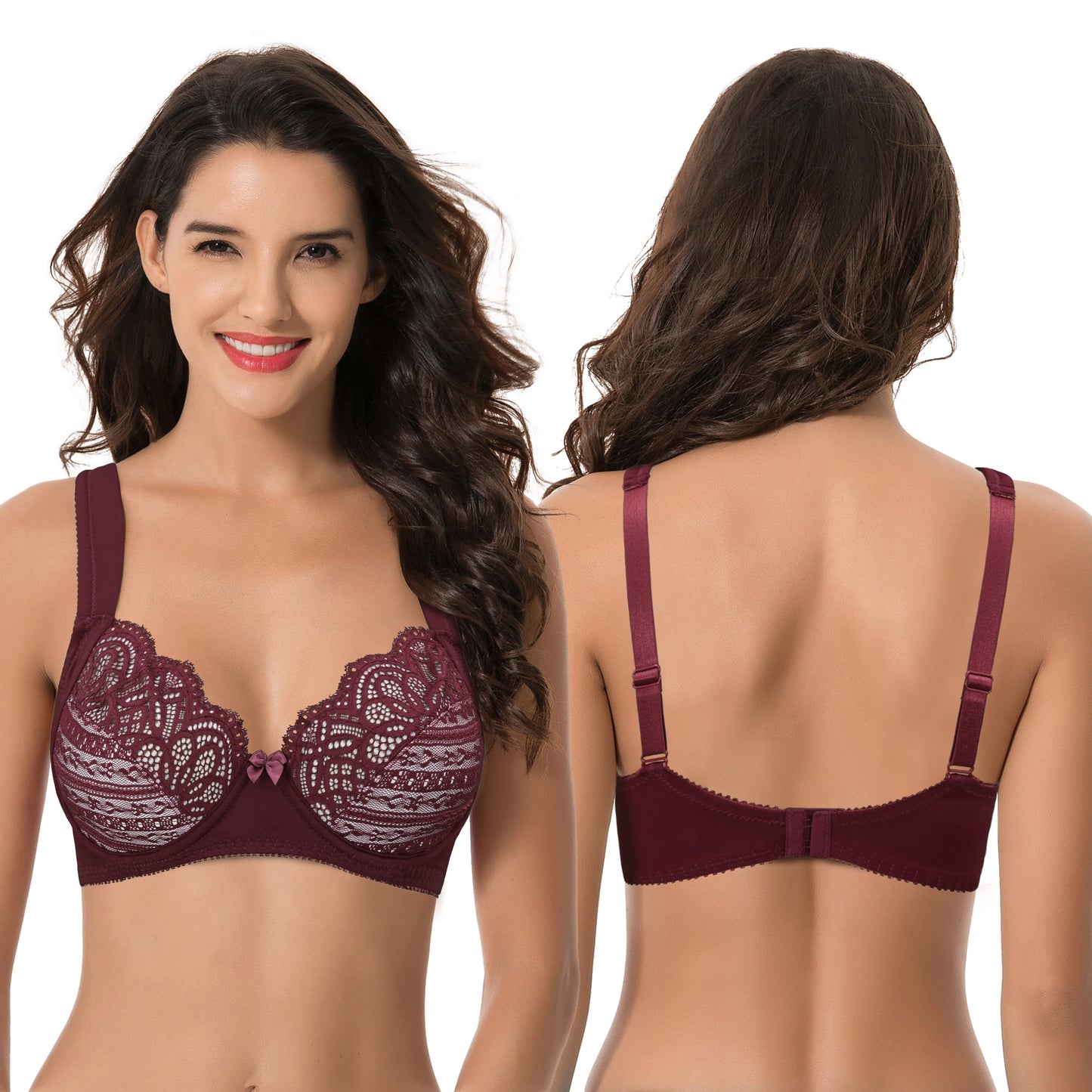 Women's Plus Size Unlined Underwire Lace Bra with Cushion Straps-Burgundy,Grey