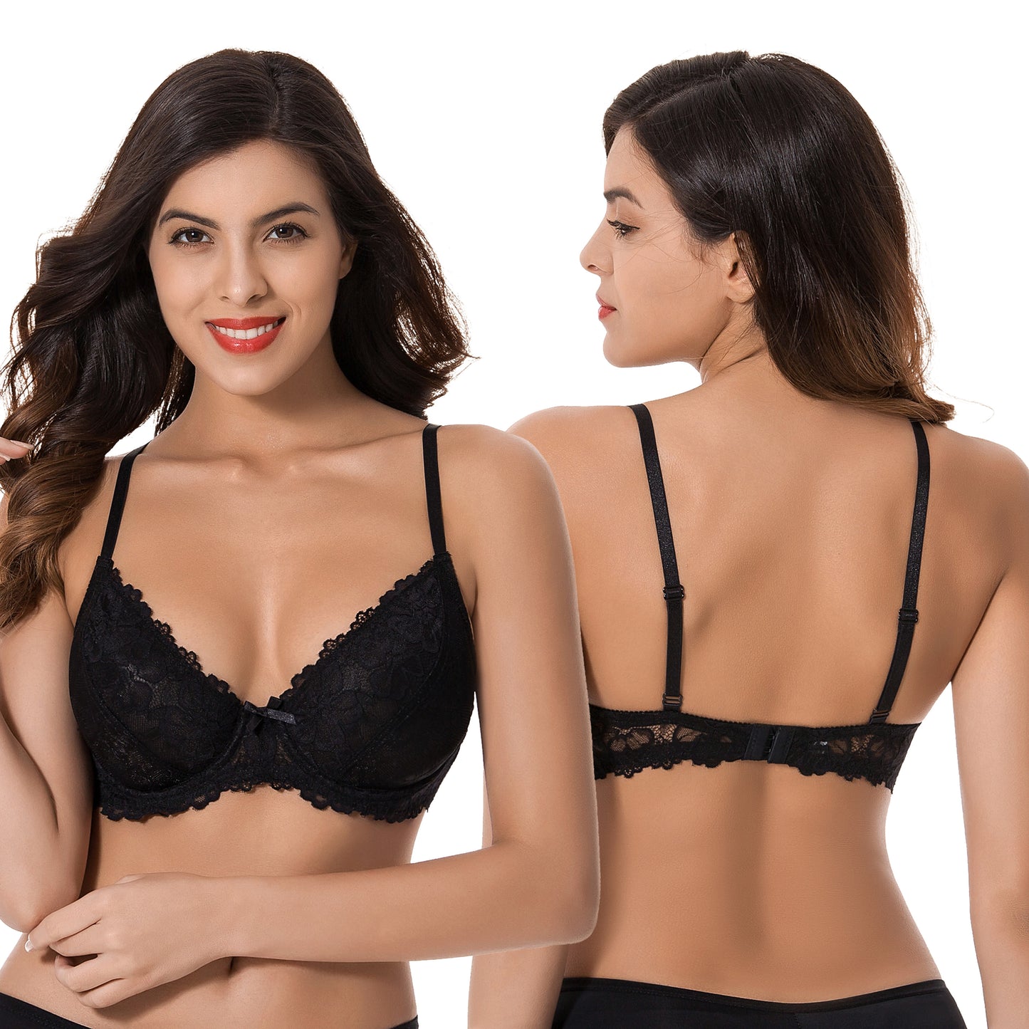 Semi-Sheer Balconette Underwire Lace Bra and Scalloped Hems (3 Pack)