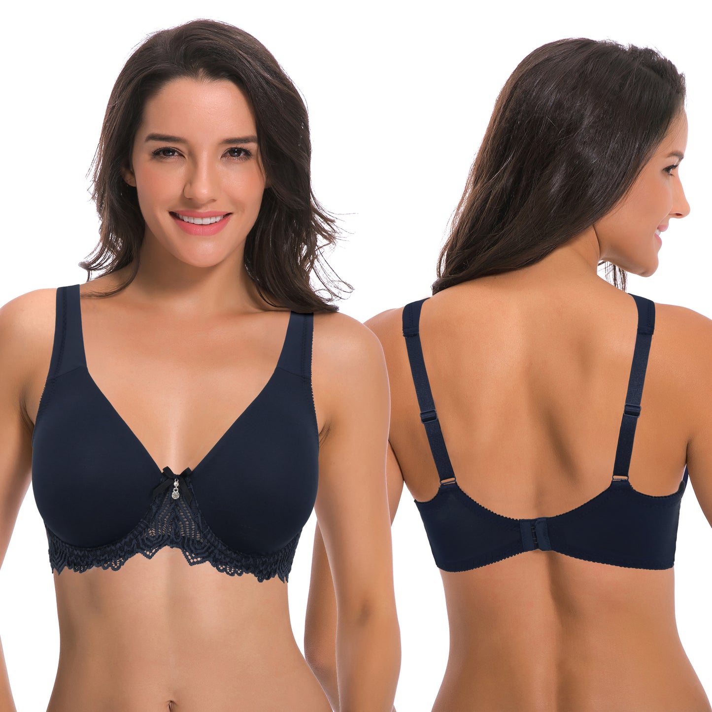 Women's Plus Size Unlined Underwire Lace Bra with Cushion Straps-2PK-NAVY, LIGHT YELLOW