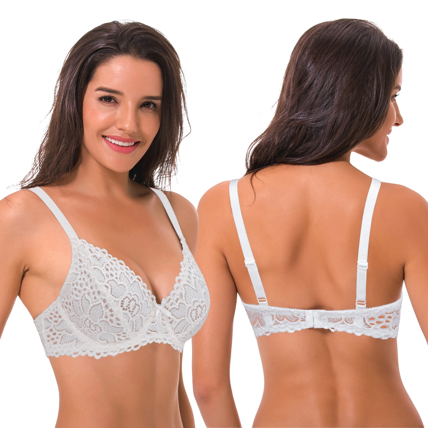 Semi-Sheer Balconette Underwire Lace Bra and Scalloped Hems (2 Pack)-Black,Cream