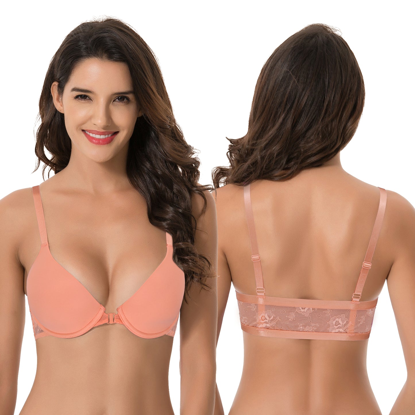 Women's Plus Size Full Coverage Underwire Front Close Bras-2PK-Shrimp Pink,Glass Blue
