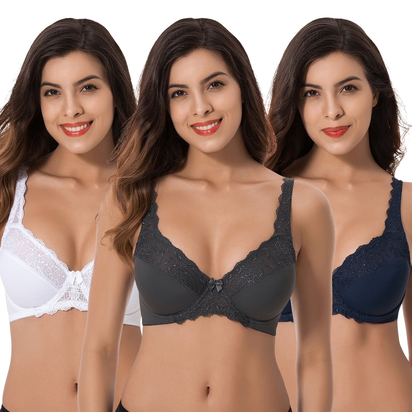 Plus Size Minimizer Underwire Unlined Bra with Embroidery Lace-3Pack