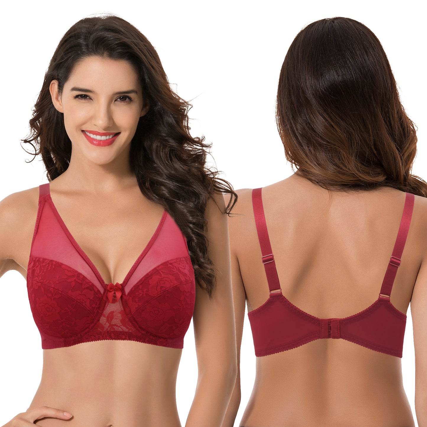 Women's Plus Size Minimizer Unlined Underwire Bra With Floral Lace-3PK