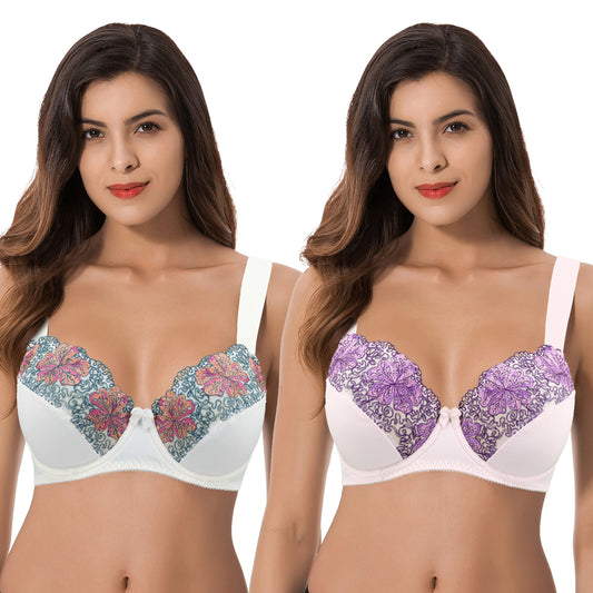Women's Plus Size Minimizer Underwire Unlined Bra with Embroidery Lace