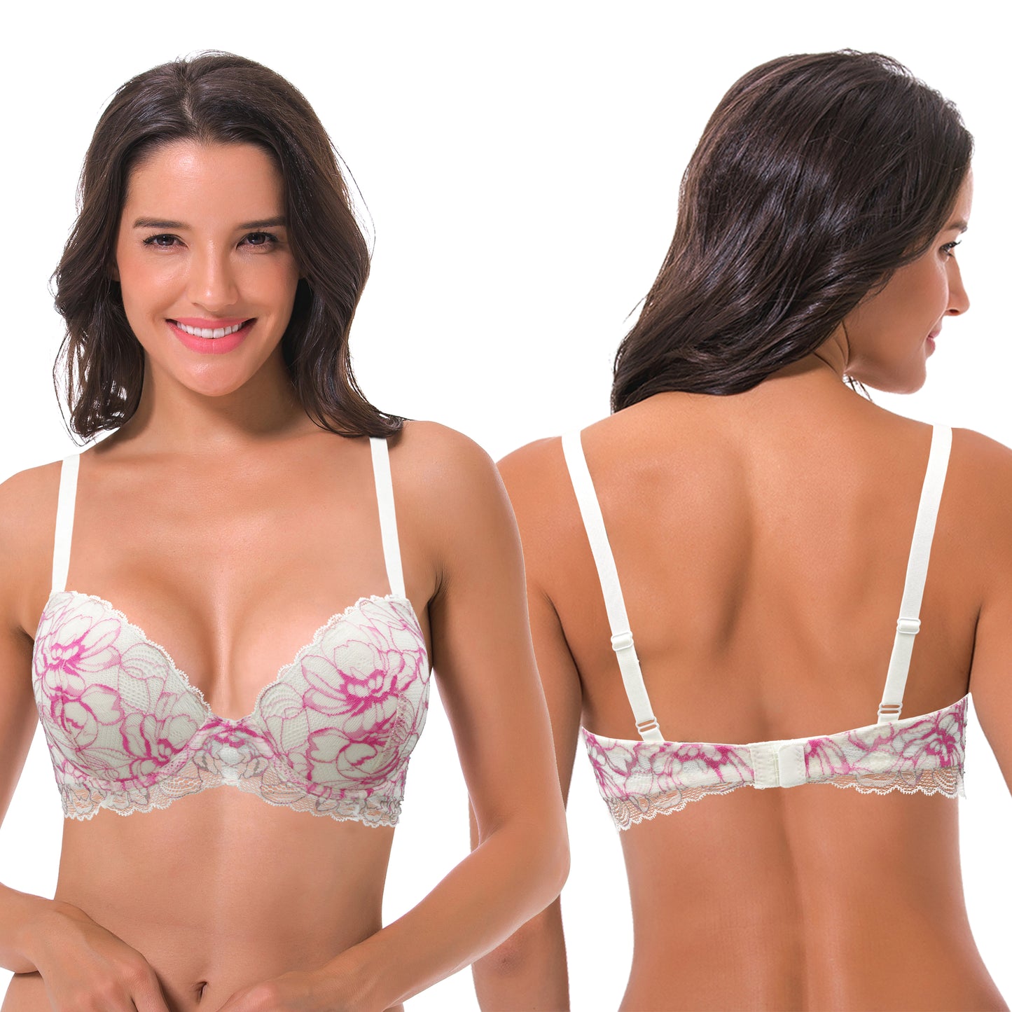 Women's Underwire Plus Size Push Up Add 1 and a Half Cup Lace Bras-2PK