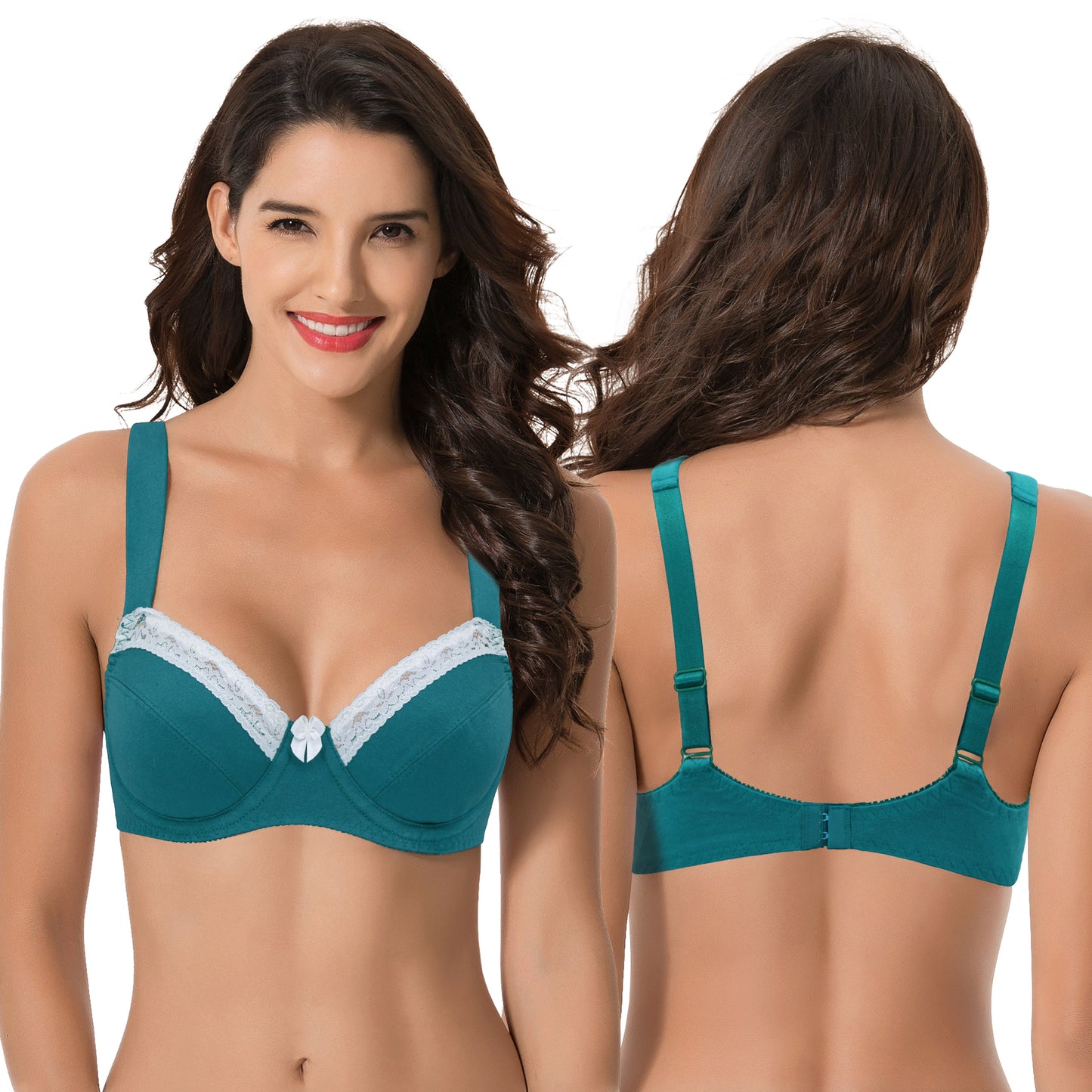 Women's Plus Size Underwired Unlined Balconette Cotton Bra-3Pack-White Print,Coral,Teal