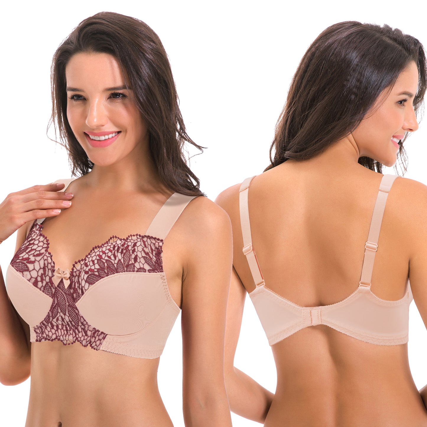 Plus Size Unlined Minimizer Wirefree Bras with Embroidery Lace-3Pack-Grey,Pink,Black