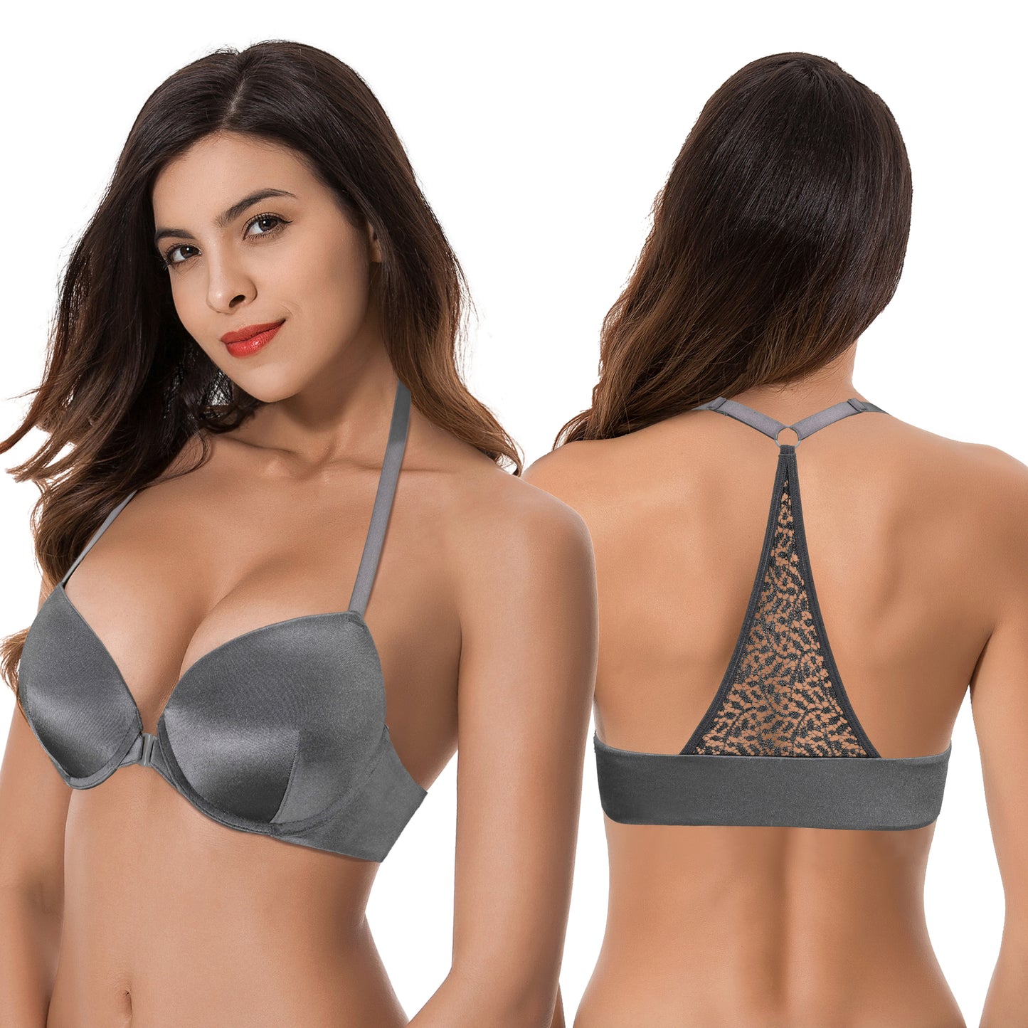 Women's Push Up Add 1 and a half Cup Underwire Halter Front Close Bras