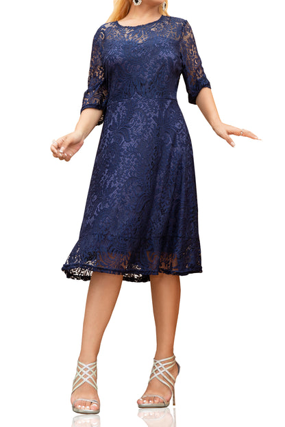 Women's Plus Size Floral Lace 3/4 Sleeve Round Neck Dress