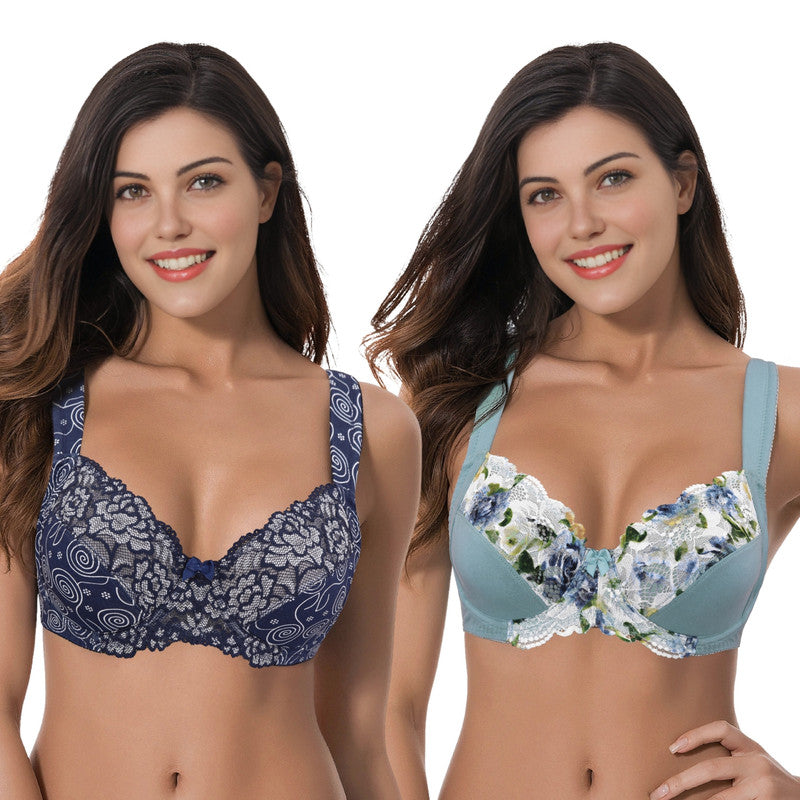 Women's Plus Size Unlined Underwire Lace Bra with Cushion Straps