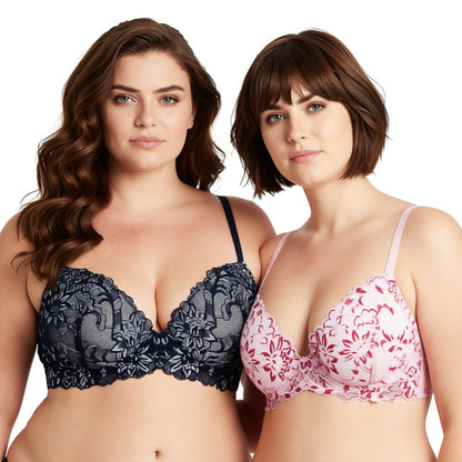Women's Underwire Plus Size Push Up Add 1 and a Half Cup Lace Bras