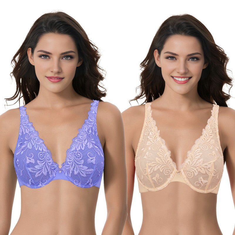 Women’s Plus Size Underwire Unlined Full Coverage Embroidery Lace Bra