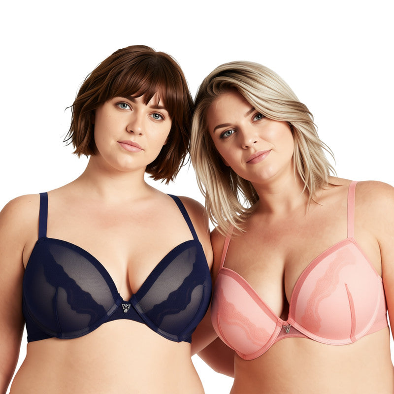 Women Plus Size Underwire Add 1 and a Half Cup Push Up Lace Mesh Bra