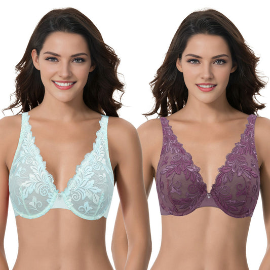 Women’s Plus Size Underwire Unlined Full Coverage Embroidery Lace Bra