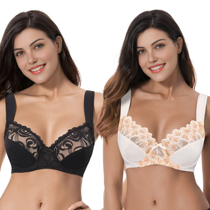 Women's Plus Size Minimizer Underwire Bra with Lace Embroidery
