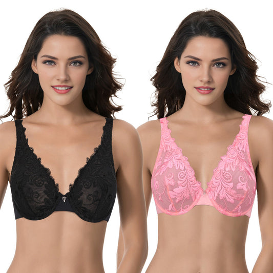 Women’s Plus Size Underwire Unlined Full Coverage Embroidery Lace Bra