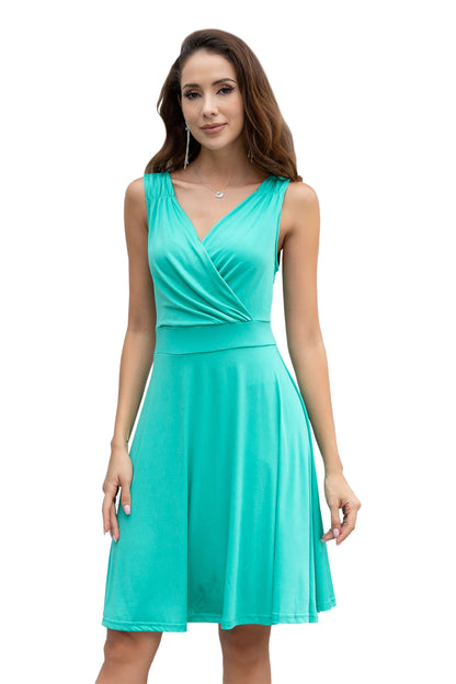 Women's Wrap V Neck Sleeveless Pleated Shoulder Midi Dress