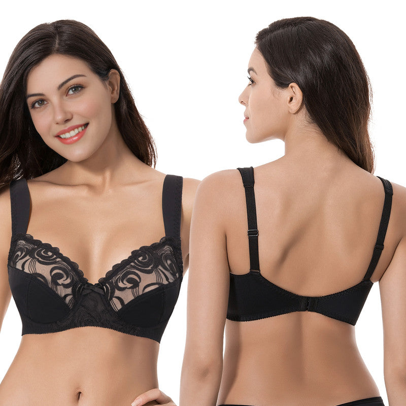 Women's Plus Size Minimizer Underwire Bra with Lace Embroidery