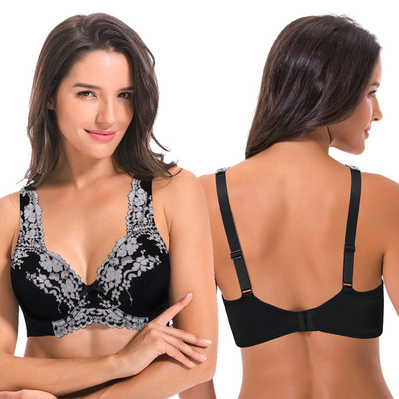 Women's Minimizer Unlined Underwire Bra with Lace Embroidery