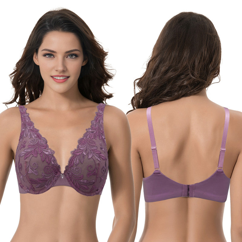 Women’s Plus Size Underwire Unlined Full Coverage Embroidery Lace Bra