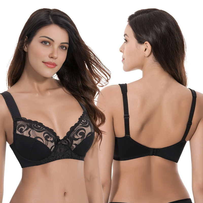 Women's Plus Size Minimizer Underwire Bra with Lace Embroidery