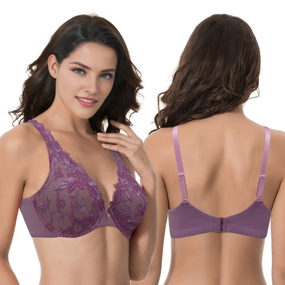 Women’s Plus Size Underwire Unlined Full Coverage Embroidery Lace Bra