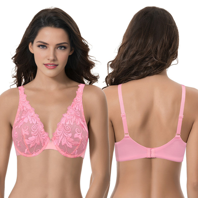Women’s Plus Size Underwire Unlined Full Coverage Embroidery Lace Bra