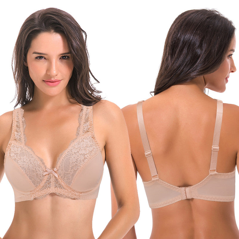 Women's Minimizer Unlined Underwire Bra with Lace Embroidery