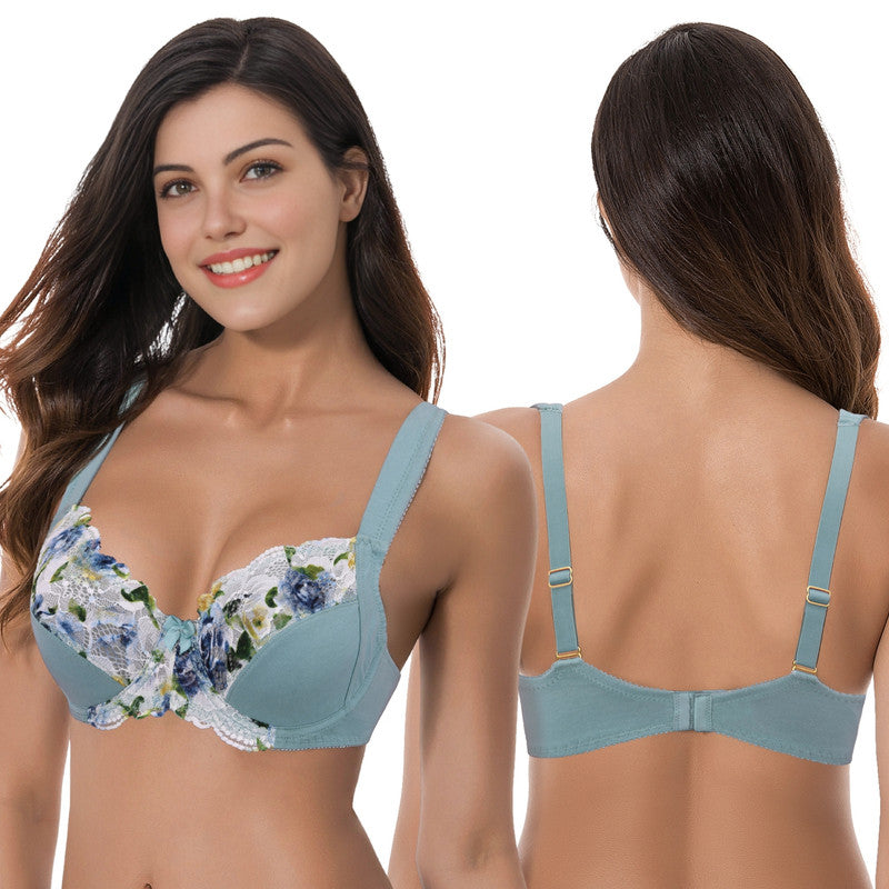 Women's Plus Size Unlined Underwire Lace Bra with Cushion Straps