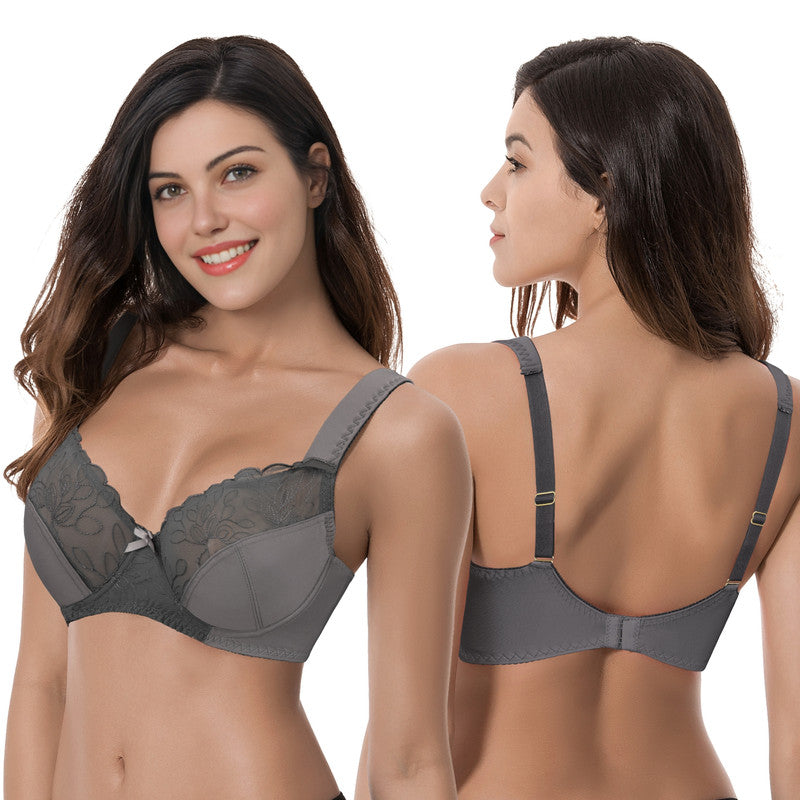 Women's Plus Size Minimizer Underwire Bra with Lace Embroidery