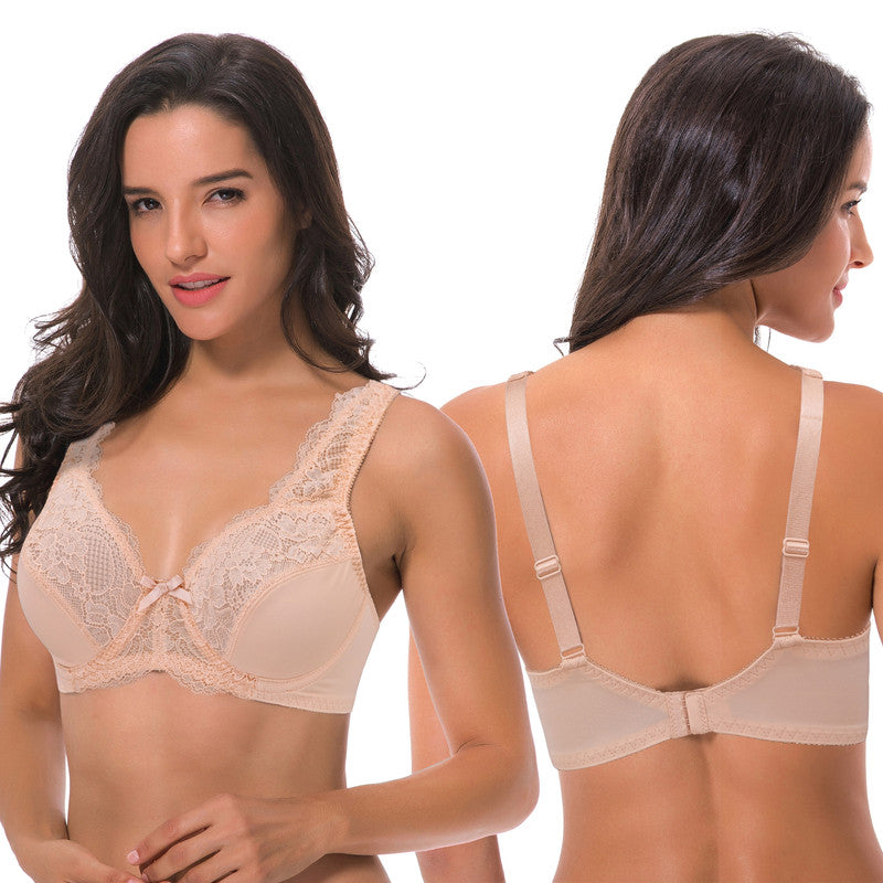 Women's Minimizer Unlined Underwire Bra with Lace Embroidery