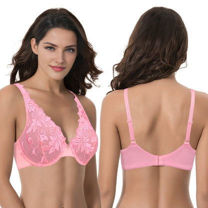 Women’s Plus Size Underwire Unlined Full Coverage Embroidery Lace Bra