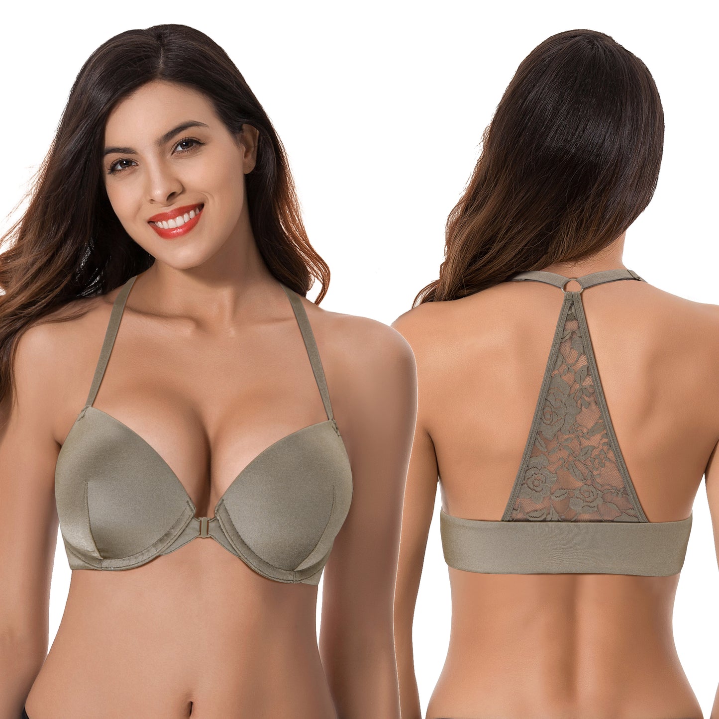 Womens Push Up Add 1 and a half Cup Underwire Halter Front Close Bras