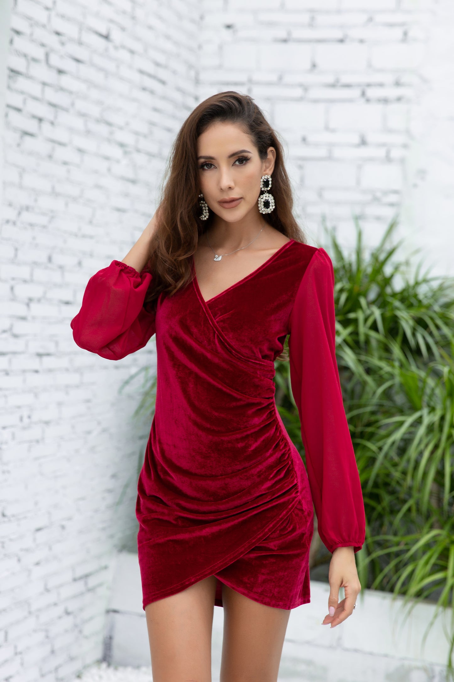 Women Asymmetrical Velvet V-Neck Sheer Chiffon Sleeve Mini Dresses